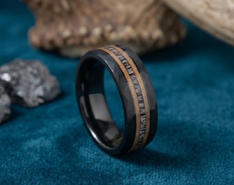 Black Hammered Mens Wedding Band, Charred Whiskey Barrel Wood & Deer Antler Tungsten Ring, Rustic Engagement Ring