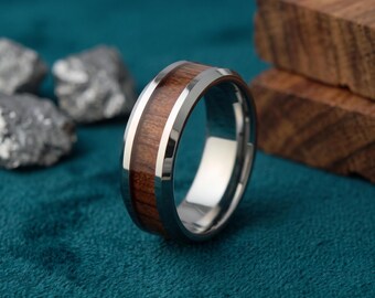 Silver Mens Wedding Band, Rosewood Tungsten Ring, Beveled Edge Wood Engagement Ring, 5th Anniversary Gift for Husband