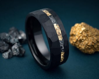 Black Hammered Wedding Band, Tungsten Ring 8mm with Meteorite and Gold Foil Offset Inlay, Mens Wedding Band, Faceted Black Ring for Men