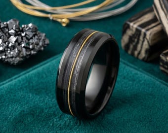 Black Gold Mens Wedding Band, Guitar String Ring 8mm, Black Polished Ring with Gold Stripe Accent