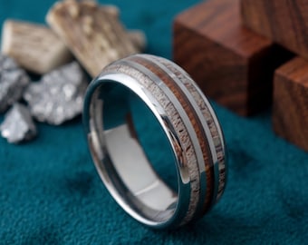 Rosewood & Deer Antler Mens Wedding Band, Silver Tungsten Ring 8mm, Rustic Forest Hunting Ring, Traditional Woodsman Gift
