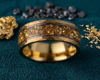 Yellow Citrine Mens Wedding Band, Gold Hammered Tungsten Ring 8mm, Crushed Stone Mens Crystal Ring