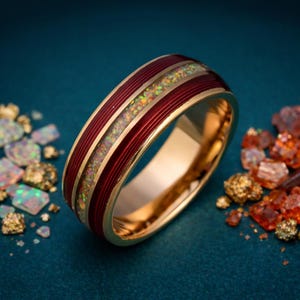 Alliance homme en tungstène 8 mm, bague en tungstène or rose avec corde de guitare rouge et incrustation d'opale, bague homme unique, cadeau d'anniversaire pour lui
