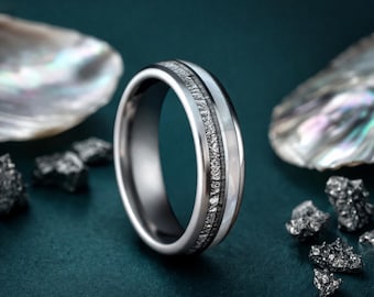 Silver Tungsten Ring 6mm, White Shell and Silver Wire Inlay, Mens Wedding Band, Minimalist Ring for Men