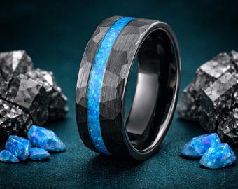 Blue Opal Mens Wedding Band, Black Textured Tungsten Ring 8mm