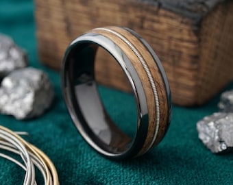 Whiskey Barrel Wood Ring, Gunmetal Tungsten Mens Wedding Band, Guitar String Ring 8mm, Rustic Musician Ring, Bourbon Lover Gift