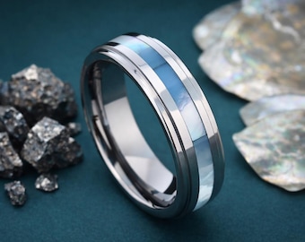 Silver Tungsten Ring 8mm, Blue Shell Inlay, Mens Wedding Band, Polished Tungsten Ring, Step Edge Ring for Men