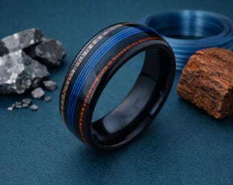 Black Tungsten Ring 8mm, Antler & Blue Fishing Line Inlay, Wood Ring for Men