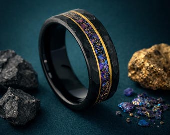 Black Hammered Tungsten Ring 8mm, Galaxy Opal and Gold Foil Inlay, Mens Wedding Band, Blue Purple Opal Ring