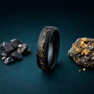 Black Tungsten Ring 6mm, Gold Wire Inlay, Mens Wedding Band