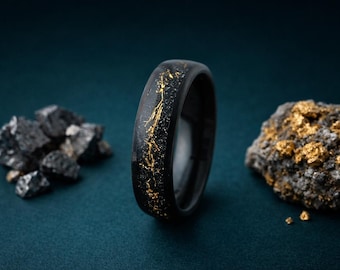 Black Tungsten Ring 6mm, Gold Wire Inlay, Mens Wedding Band