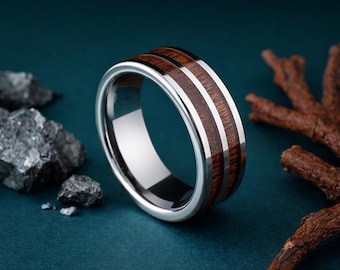 Silver Tungsten Ring 8mm, Dual Wood Inlay, Mens Wedding Band