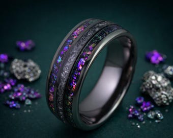 Meteorite and Galaxy Opal Tungsten Ring, Black Space Inspired Ring 8mm, Cosmic Mens Band, Unique Galaxy Wedding Ring, Astronomy Lover Gift