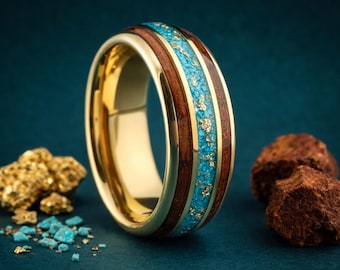 Gold Mens Wedding Band with Whiskey Barrel Wood and Turquoise Inlay, 8mm Tungsten Ring for Men