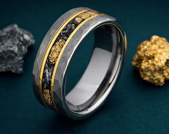 Silver Hammered Wedding Band with Meteorite and Gold Foil Inlay, 8mm Tungsten Ring for Men