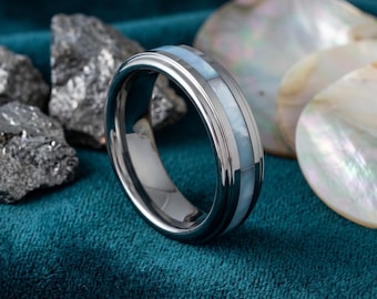 Silver Tungsten Ring 6mm, Blue Shell Inlay, Unisex Wedding Band, Minimalist Ring for Women and Men