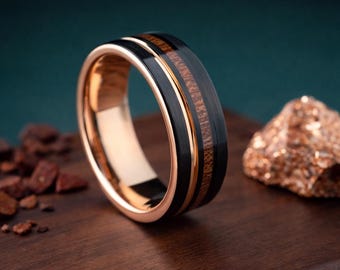 Black and Rose Gold Tungsten Ring 8mm with Wood Inlay, Two Tone Mens Wedding Band, Matte Black Tungsten Ring, Wood Tungsten Ring