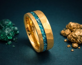 Hammered Gold Wedding Band with Turquoise Inlay, 8mm Faceted Tungsten Ring for Men, Mens Turquoise Wedding Band