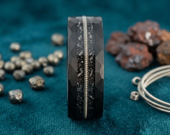 Meteorite Guitar String Ring, Black Hammered Mens Wedding Band, Musician Tungsten Ring 8mm