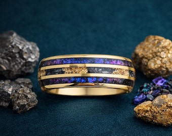 Gold Tungsten Ring 8mm, Opal Gold Foil and Meteorite Inlay, Mens Wedding Band, Opal Tungsten Ring, Statement Mens Ring