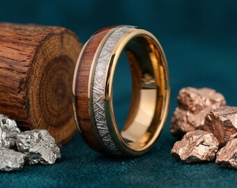Rose Gold Tungsten Ring 8mm, Redwood and Silver Inlay, Mens Wedding Band, Wood Tungsten Ring for Men