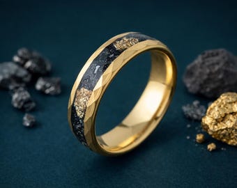 Gold Hammered Tungsten Ring 6mm, Meteorite & Gold Foil Inlay, Mens Wedding Band