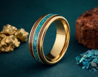 Gold Tungsten Ring 8mm with Blue Opal Inlay and Guitar String, Wood Tungsten Ring for Men, Mens Wedding Band, Unique Musician Ring