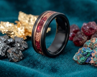 Black Wedding Band with Red Opal and Gold Foil Inlay, 8mm Tungsten Ring for Men