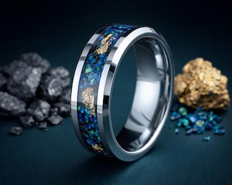 Silver Tungsten Ring 8mm, Blue Opal and Gold Foil Inlay, Mens Wedding Band, Opal Tungsten Ring, Unique Mens Ring