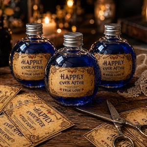 May include: Three round glass bottles filled with blue liquid, each with a silver cap and a label that reads "Happily Ever After True Love." Several matching labels and a pair of scissors are scattered on a wooden surface.