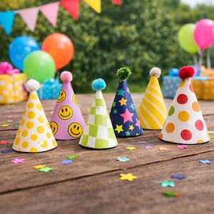 Könnte beinhalten: Eine Auswahl an bunten Partyhüten mit verschiedenen Mustern, darunter Punkte, Streifen und Smiley-Gesichter. Jeder Hut ist mit einem Pompon versehen. Ballons und Konfetti liegen auf einer Holzoberfläche, was auf eine festliche Feier hindeutet.