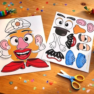 May include: Two paper sheets with Mr. Potato Head face and accessories. One sheet shows the face, shoes, and hat. The other sheet has eyes, ears, nose, mustache, and shoes. Scissors and glue are also on the wooden surface.