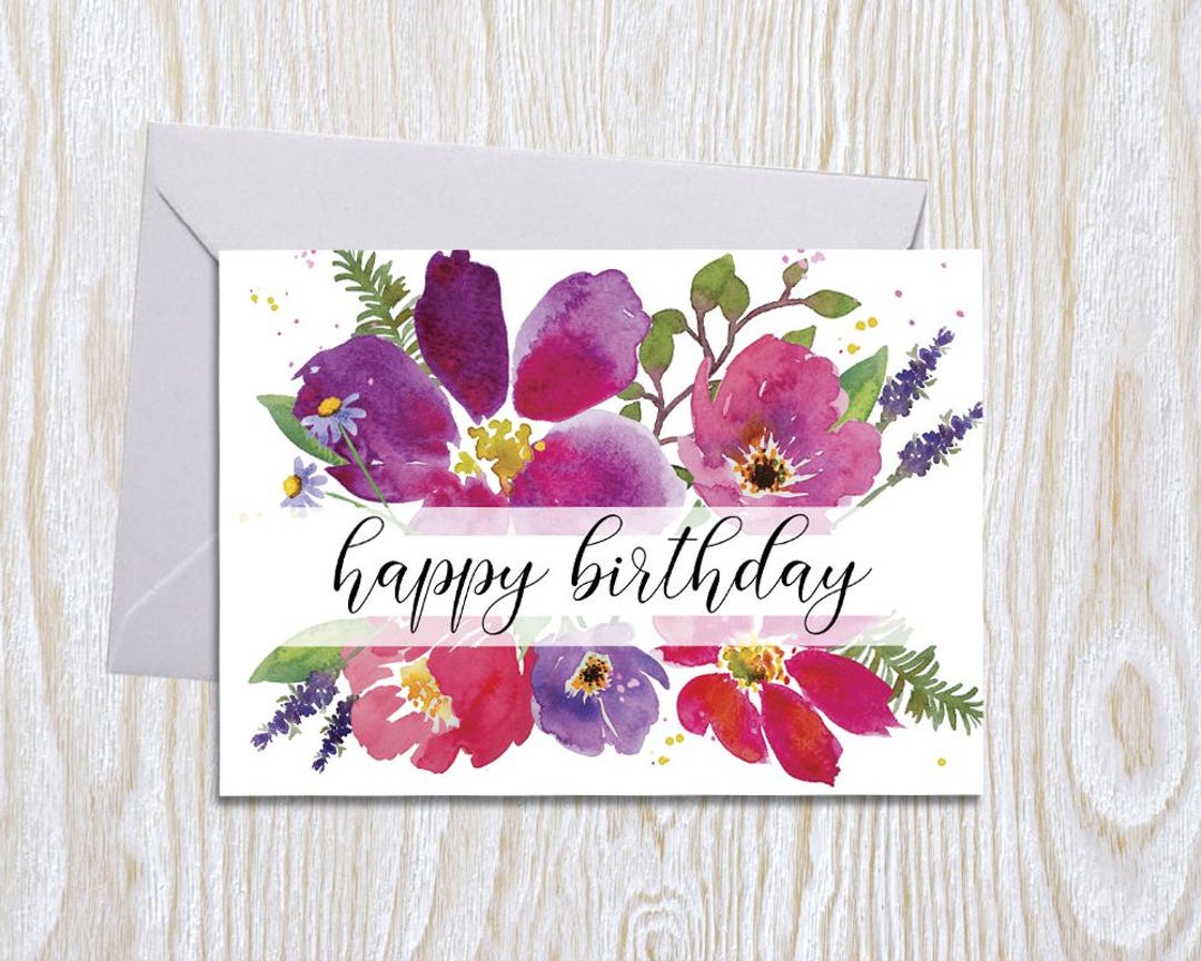 Watercolor Greeting Card, Bright, Bold Floral, Pink and Purple Flowers ...