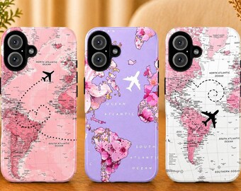 World Map Phone Case Travel Flight Cover for iPhone 17 Pro, 16, 15, 14, 13, 12 Samsung S25, S24, S23, S22, A16, A26, Pixel 10, 9 Pro, 8, 7