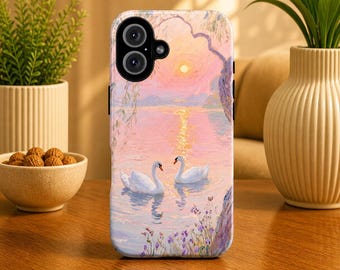 Swan Phone Case Pastel Sunset Lake Cover for iPhone 17 Pro, 16, 15, 14, 13, 12 Samsung S25, S24, S23, S22, A16, A26, Pixel 10, 9 Pro, 8, 7