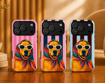 Golden Retriever Dog Phone Case Classic Striped Cover for iPhone 17Pro, 16, 15, 14, 13, 12 Samsung S25, S24, S23, S22, A16, A26, Pixel 10, 9