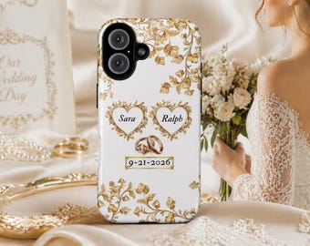 Personalised Wedding Phone Case Golden Cover for iPhone 17Pro, 16, 15, 14, 13, 12 Samsung S25, S24, S23, S22, A16, A26, Pixel 10, 9Pro, 8, 7