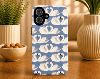 Swan Heart Phone Case Watercolour Cover for iPhone 17 Pro, 16, 15, 14, 13, 12 Samsung S25, S24, S23, S22, A16, A26, Pixel 10, 9 Pro, 8, 7