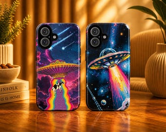 Retro UFO Abduction Phone Case Aesthetic Space Cover for iPhone 17 Pro, 16, 15, 14, 13, 12 Samsung S25, S24, S23, S22, A16, A26, Pixel 10, 9