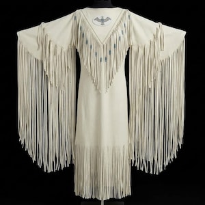 Vestido de cuero hecho a mano para mujer, estilo nativo americano, con flecos, atuendo para pow wow con cuentas, vestimenta indígena, vestido de cuero estilo western.