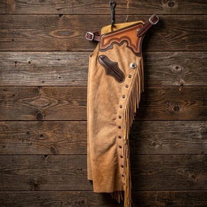Handmade Custom Suede Western Shotgun Chaps with Fringe | Hand Tooled Yoke | Unisex Cowboy & Cowgirl Chaps | Personalized Horse Riding Chaps