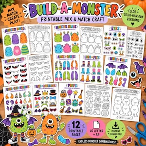 May include: A Build-A-Monster printable mix and match craft set featuring 12 pages of colorful monster bodies, heads, eyes, mouths, teeth, arms, hands, legs, feet, wings, tails, horns, ears, antennae, hats, accessories, props, and costumes.