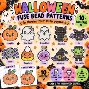 Halloween Fuse Bead Patterns - 10 Kids 29x29 Pegboard Designs, Printable PDF Bundle
