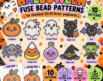 Op de afbeelding: Een digitale collectie van 10 Halloween strijkkraalpatronen voor 29x29 grondplaten, met pixel art ontwerpen van een pompoen, spoken, zwarte kat, vleermuis, spin, snoepmaïs, toverdrank, heksenhoed en Frankenstein, inclusief rasterweergaven.