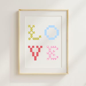 Liefde gewatteerde patchwork letters muur decor, babymeisje kinderkamer cottagecore muurkunst, vintage kinderkamer kunst, cadeau nieuwe moeder (digitale download)