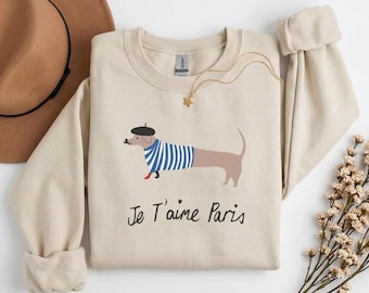 Felpa con stampa di bassotto parigino, girocollo con grafica di bassotto francese, maglione con basco bassotto, simpatico regalo per gli amanti dei cani, top unisex in stile parigino