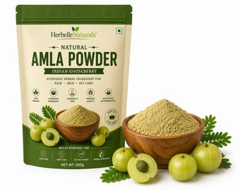 Zuiver amlapoeder, Indiase kruisbes, Ayurvedisch ingrediënt voor haar- en huidverzorging.