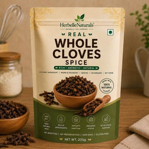 Puede incluir: Una bolsa vertical de color beige y verde oscuro de Herbelle Naturals Real Whole Cloves Spice. El envase incluye el texto "REAL WHOLE CLOVES SPICE" y "NET WT. 200g", con una imagen de un cuenco de madera lleno de clavos de olor.