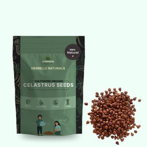 May include: A green bag of Herbelle Naturals Cultivated Organic Celastrus Seeds with a 100% Natural label. The bag has illustrations of people gardening and icons for natural, bone health, non-GMO, and healthy. A pile of brown seeds is next to the bag.