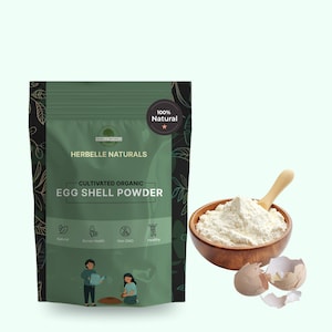 May include: A green package of Herbelle Naturals Cultivated Organic Egg Shell Powder with a wooden bowl of powder and a wooden spoon. The package has the words "100% Natural" and illustrations of people and icons.